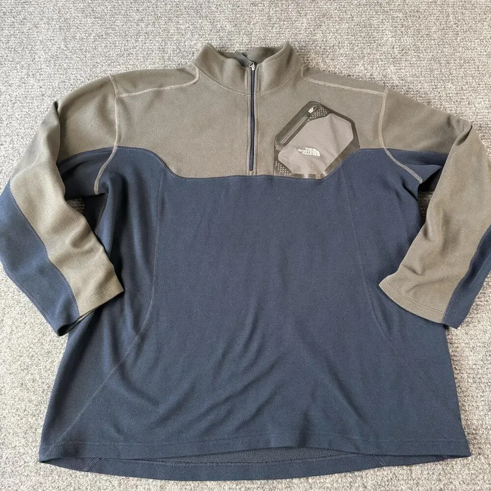 The North Face Fleece Sweater Mens 2XL Gray Blue Quarter Zip Pullover Pocket